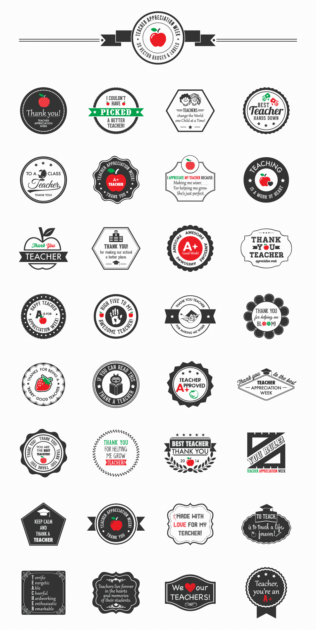 Teacher Appreciation Week Mega Pack - 32 Vector Badges & Labels