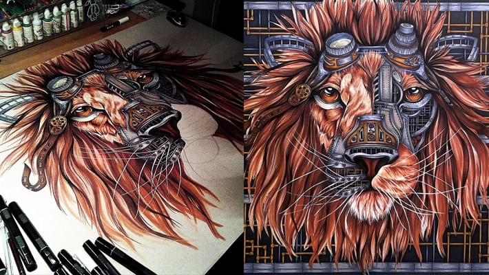 Steampunk Lion Drawing by Paula Duta