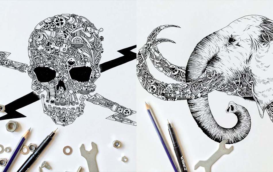 Black Pen Doodles with Steampunk Twist