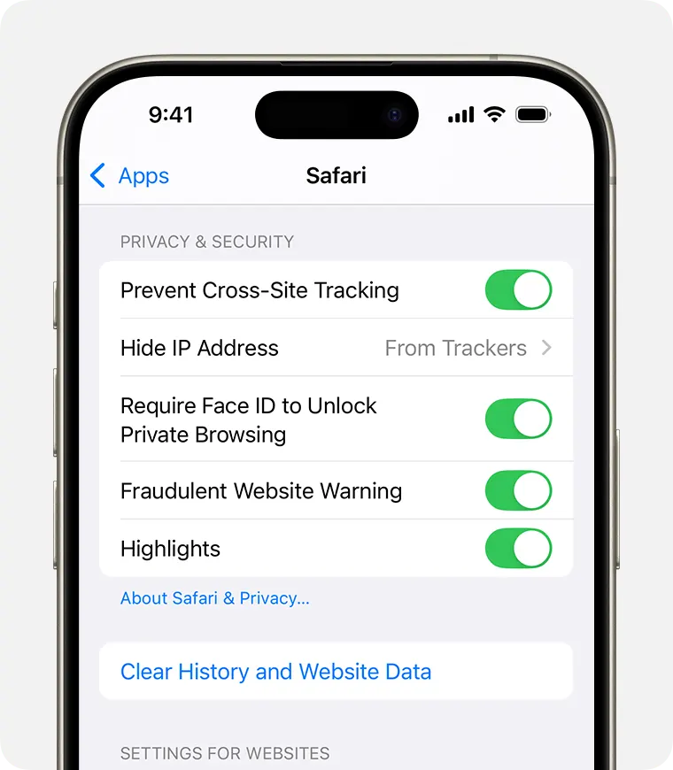 Turn on Block Pop-ups and enable Fraudulent Website Warning in Safari