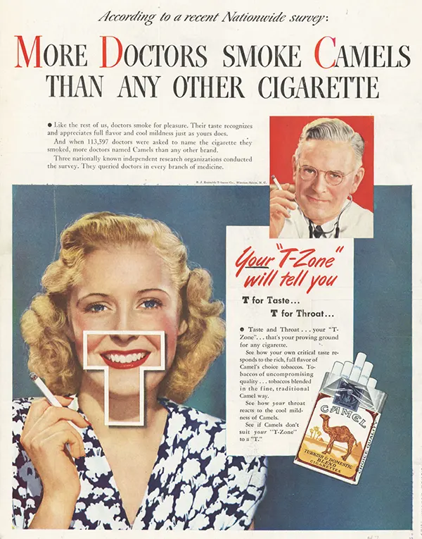 Vintage Camel cigarette ad claiming more doctors smoke Camels than any other brand.