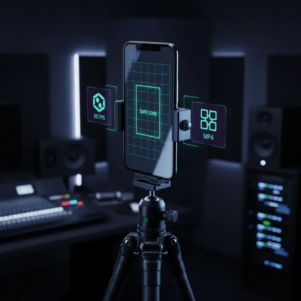 TikTok video recording settings 916 aspect ratio, 60 FPS frame rate, MP4 file format, and safe zone guidance