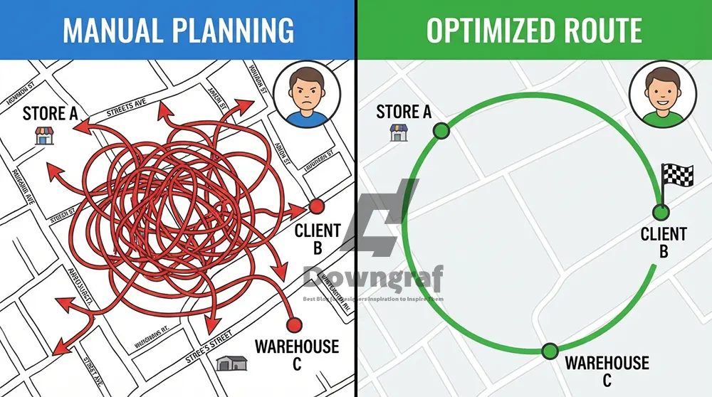 Comparison of messy manual route planning versus efficient optimized route software.