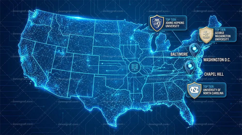 Map of USA highlighting top locations for online healthcare MBA programs