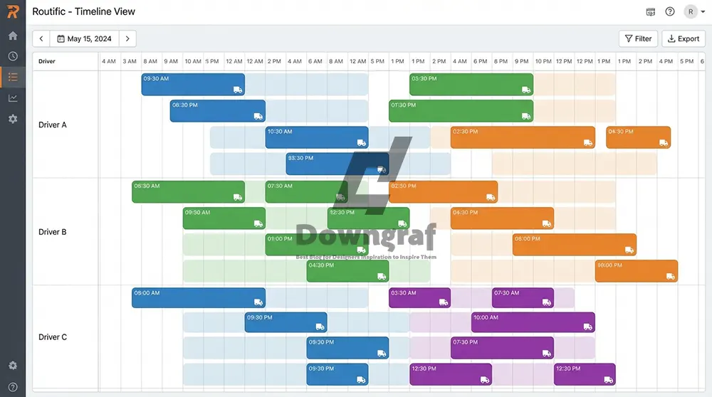 Routific software dashboard showing timeline view of driver schedules