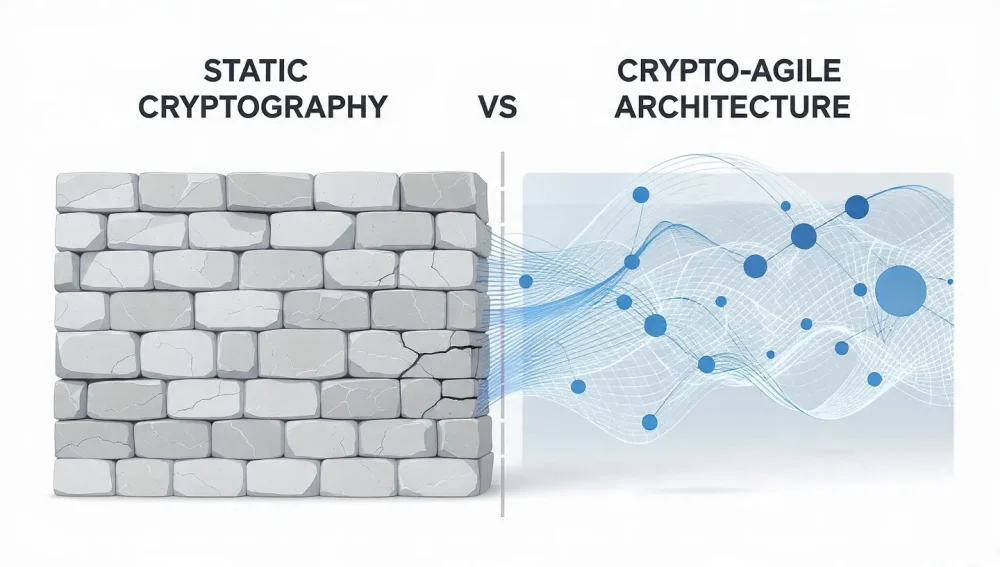 Diagram comparing brittle static cryptography versus flexible crypto-agile architecture.