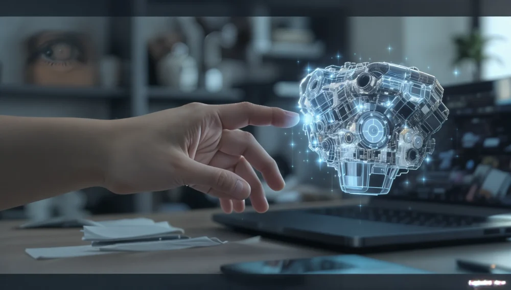 User interacting with a 3D engine model in JigSpace on Vision Pro 3.