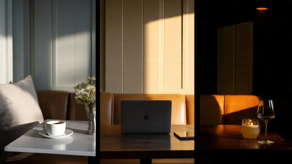 Lighting transition phases in a restaurant from morning to night.