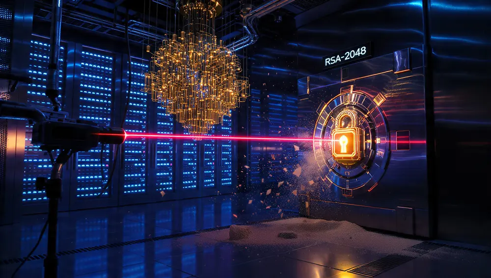 artistic interpretation of a quantum computer breaking standard encryption keys