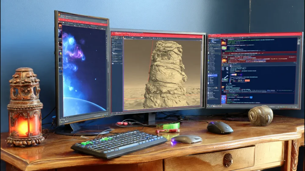 Multi-monitor setup demonstrating cross-app sync between Maya and Omniverse.
