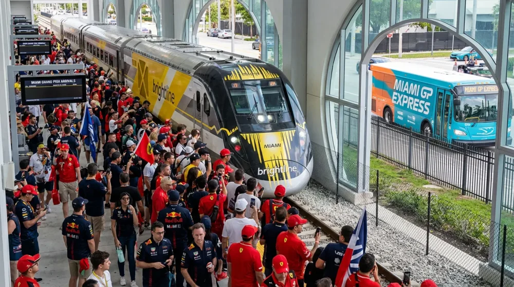 Brightline train and shuttle transport options for Miami F1 2026.