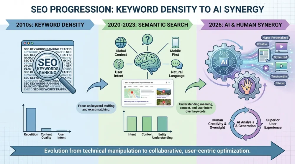 Timeline of SEO evolution from keyword stuffing to human-centric AI content.