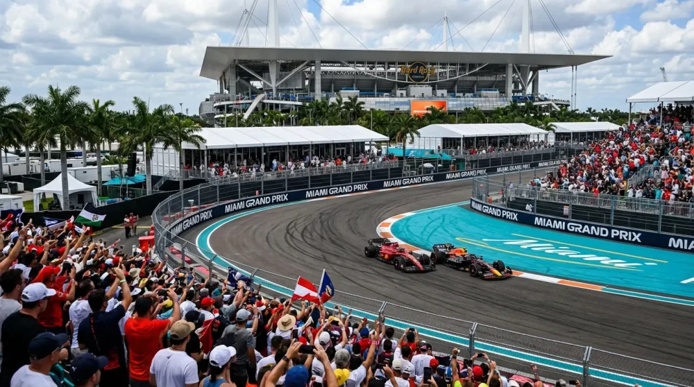 View from Turn 18 Grandstand at Miami International Autodrome showing overtaking action.