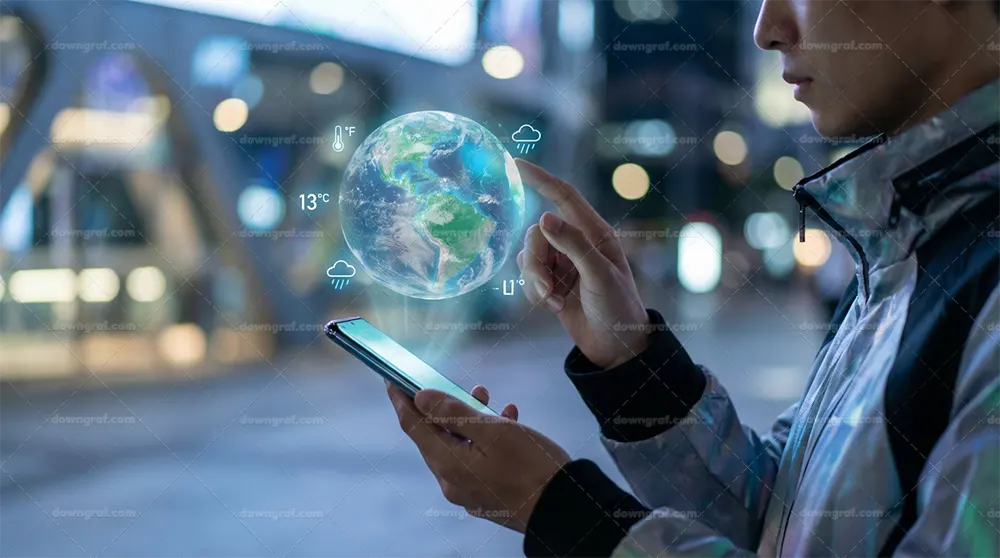 a person using a floating 3D holographic weather map from an iPhone