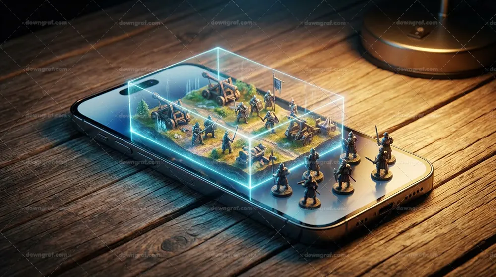 iPhone projects a 3D holographic tabletop strategy game with miniature soldiers on the screen.