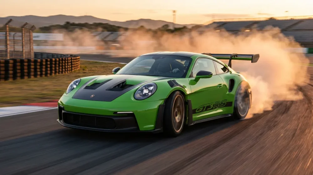 2026 Porsche 911 sports car drifting on a track
