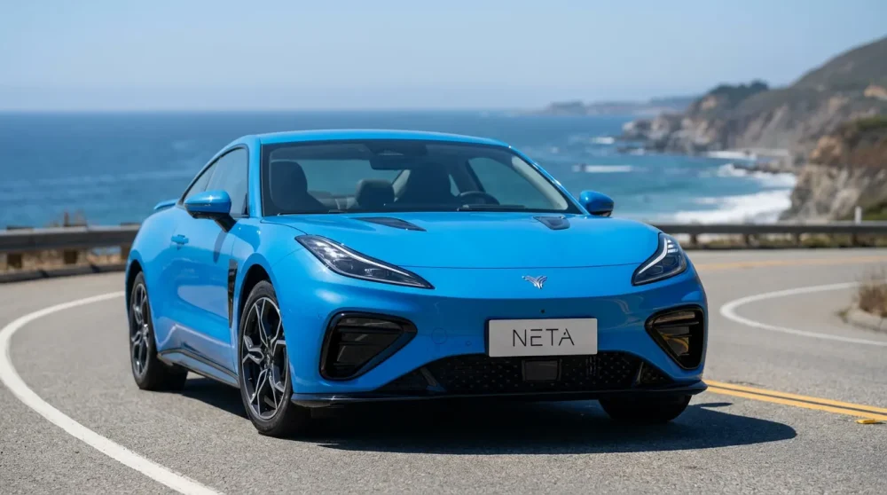 Neta GT electric sports car parked by the ocean