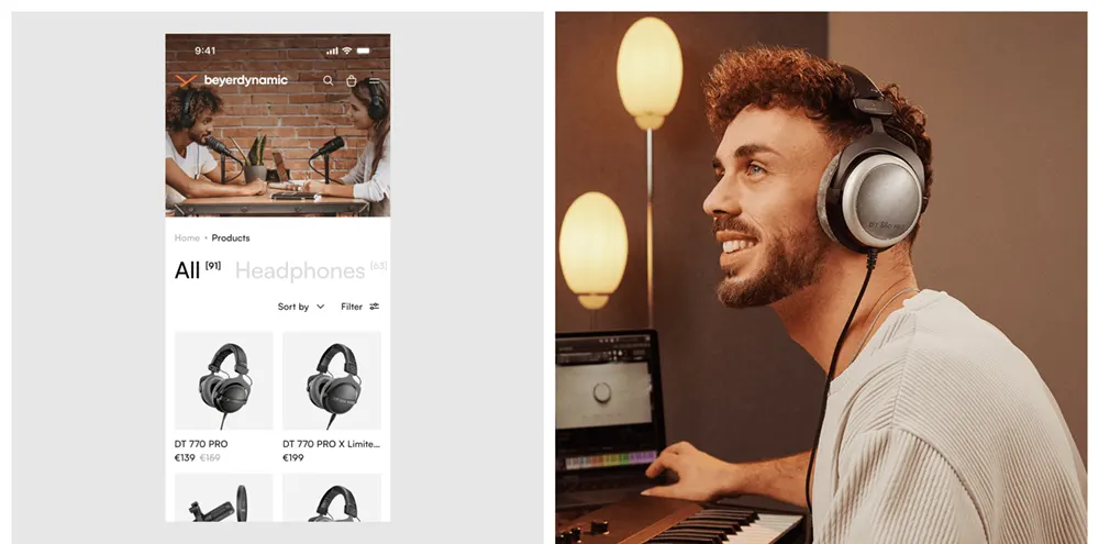 Close-up of men and women in podcast with Beyerdynamic headphones in a creative environment