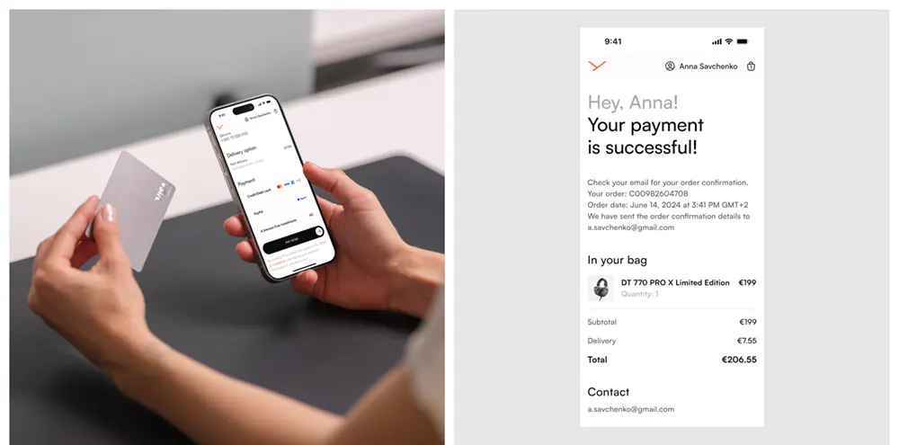 Payment successful card layout displayed on an iPhone, featuring a Beyerdynamic redesign concept, with a hand holding a Visa card