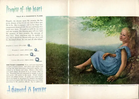 Vintage De Beers ad from the 1930s with a woman in a blue dress and the slogan &ldquo;A diamond is forever.&rdquo;