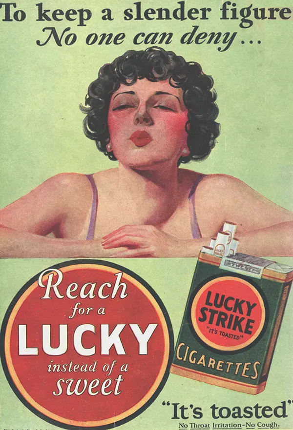 Vintage Lucky Strike ad promoting cigarettes to maintain a slender figure instead of sweets.