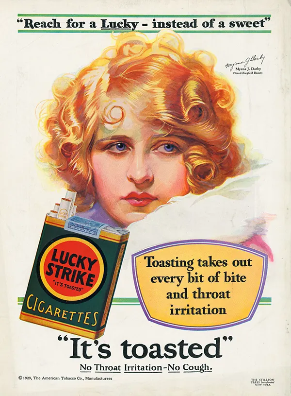 Vintage Lucky Strike cigarette ad with a woman&rsquo;s face and slogan &ldquo;Reach for a Lucky instead of a sweet.&rdquo;
