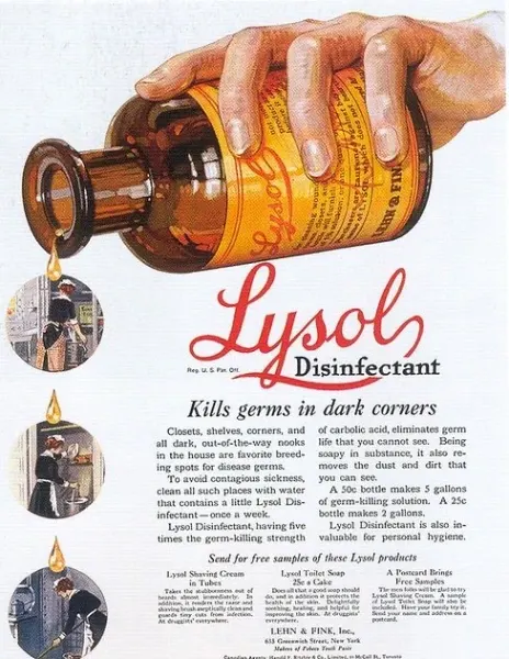 Vintage Lysol disinfectant ad showing a hand pouring liquid, emphasizing germ-killing in hidden household spots.