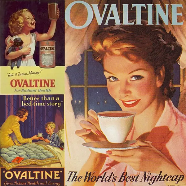 Vintage Ovaltine ads featuring a woman drinking, a child with a doll, and a bedtime scene.