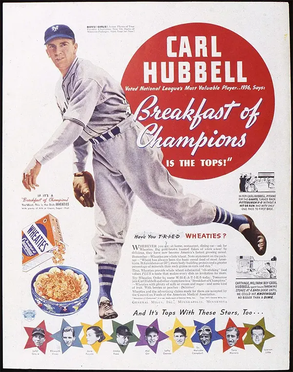 Vintage Wheaties ad featuring baseball player Carl Hubbell and other athlete endorsements.