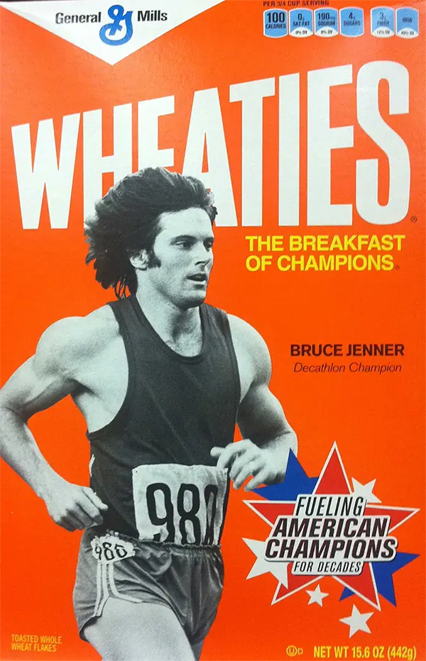 Wheaties cereal box featuring athlete Bruce Jenner, Decathlon Champion, with The Breakfast of Champions slogan.