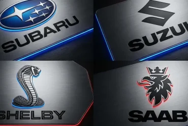 Subaru, Suzuki, Shelby, and defunct Saab logos on a dark metallic background with modern car typography.