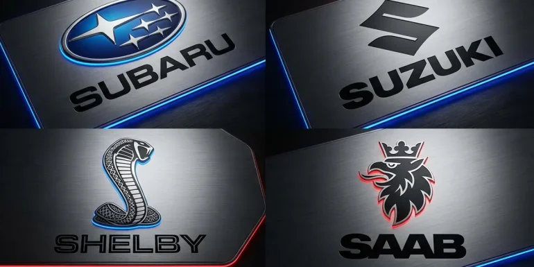 Subaru, Suzuki, Shelby, and defunct Saab logos on a dark metallic background with modern car typography.