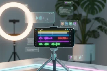 Phone on mini tripod displaying colorful audio waveforms with ring light and editing overlays