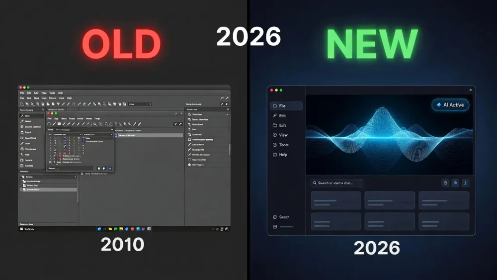 Comparison of old vs new 2026 AI-powered audio converter interfaces.