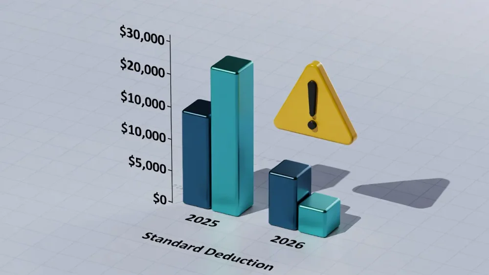 Bar chart showing the potential decrease in Standard Deduction in 2026 due to TCJA expiration.