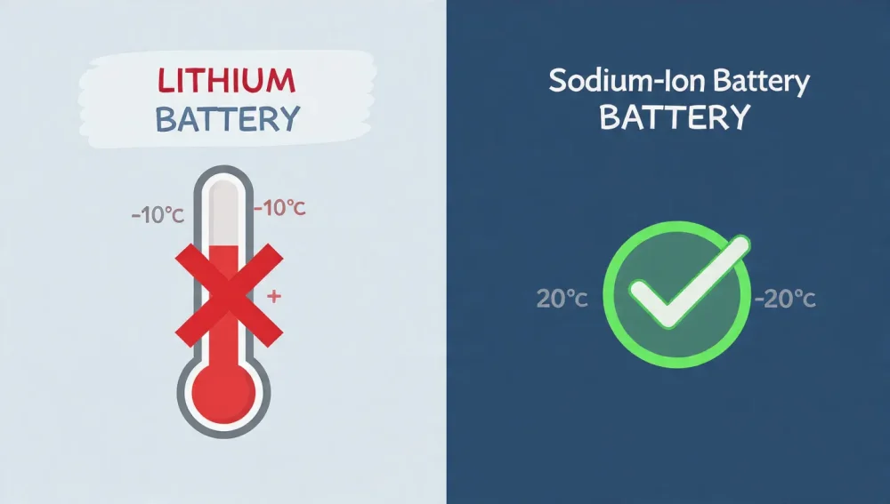 Comparison of lithium-ion vs sodium-ion battery performance in cold weather.