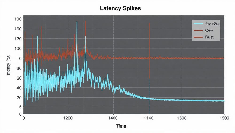 Latency jitter comparison between Java, C++, and Rust in trading systems.