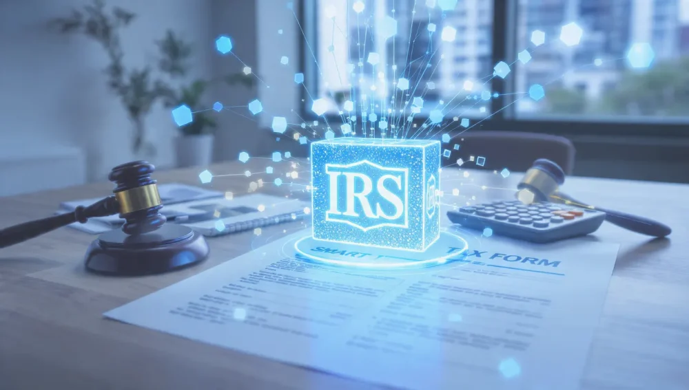 Illustration depicting the automation of tax compliance for tokenized real estate assets.