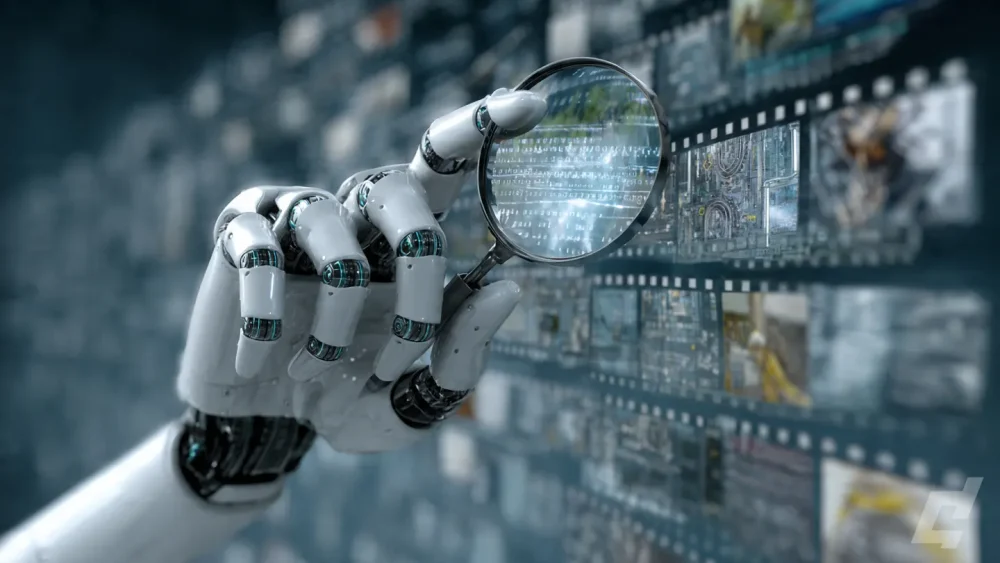 AI robot analyzing film strip for B-roll selection.