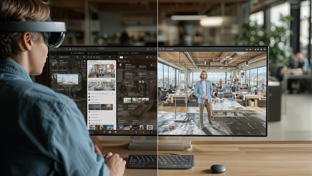 Comparison of traditional laptop multitasking versus Vision Pro 3 spatial multitasking.