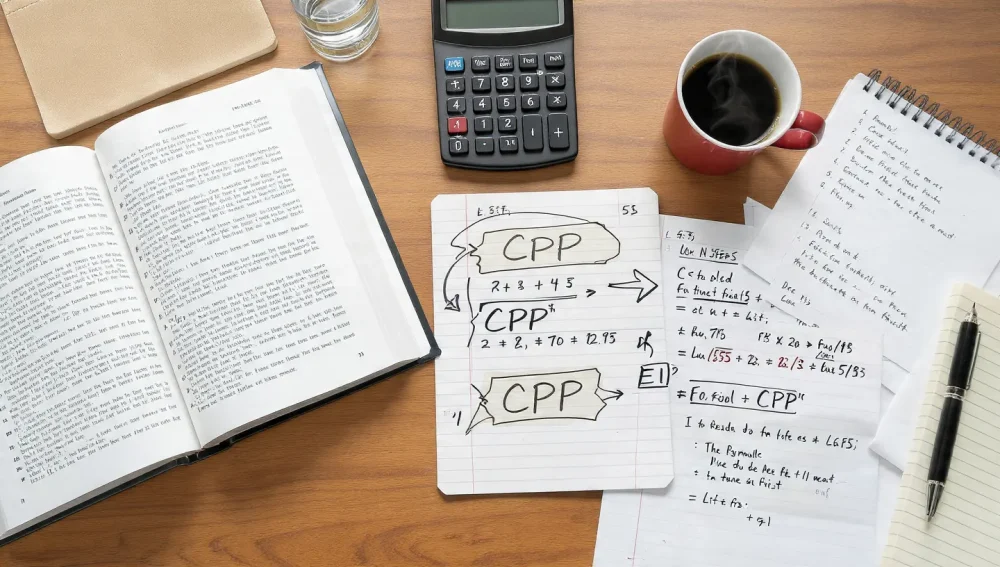 Study setup for Payroll Compliance Practitioner exam with calculator and notes.