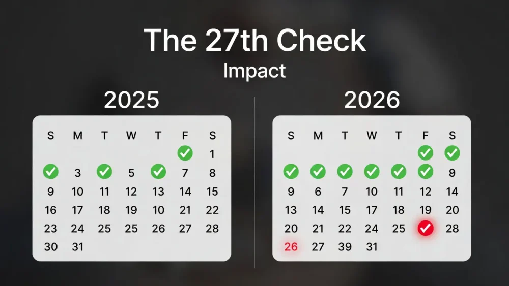 Infographic comparing a standard 26-pay-period year versus the 27-pay-period year in 2026.