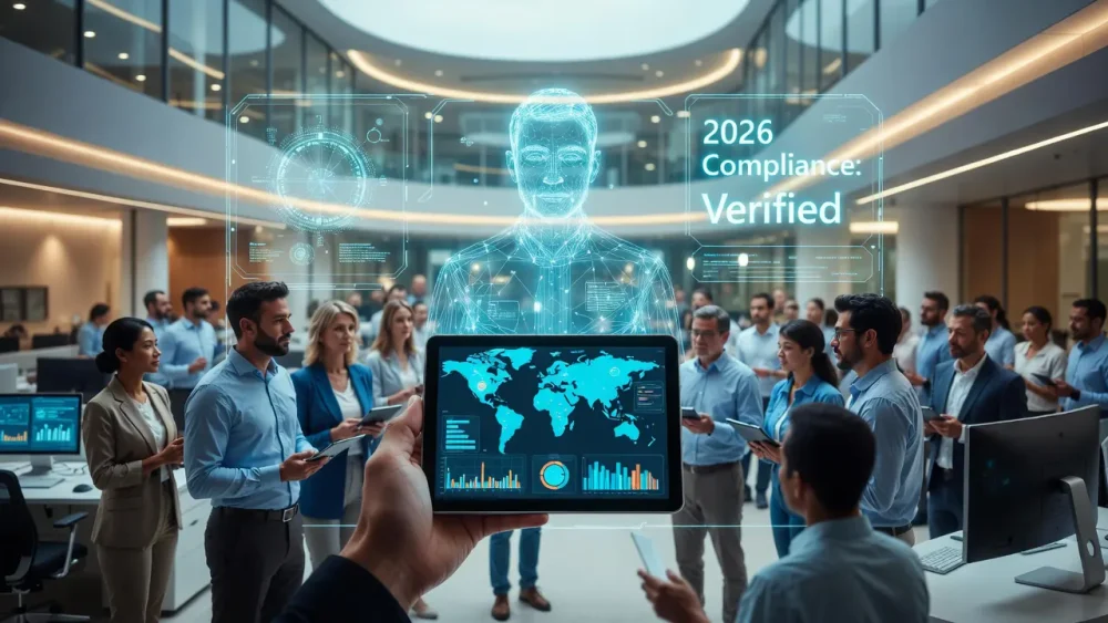 HR team utilizing AI-driven payroll compliance software for 2026 planning.