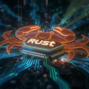 Rust programming logo embedded in high-frequency trading server architecture.