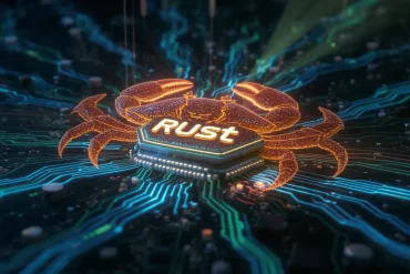 Rust programming logo embedded in high-frequency trading server architecture.