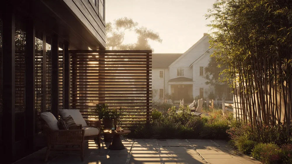 Privacy landscaping ideas showing a secluded patio screen in a multi family compound.