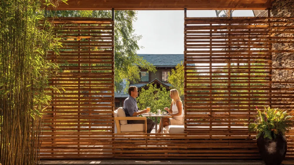 Privacy landscaping ideas showing a secluded patio screen in a multi family compound.
