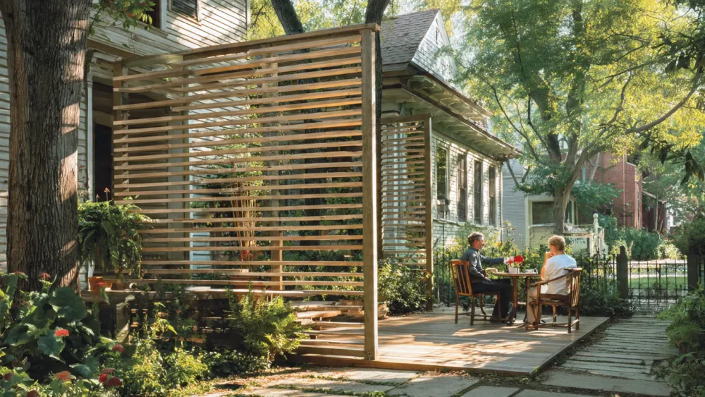 Privacy landscaping ideas showing a secluded patio screen in a multi family compound.