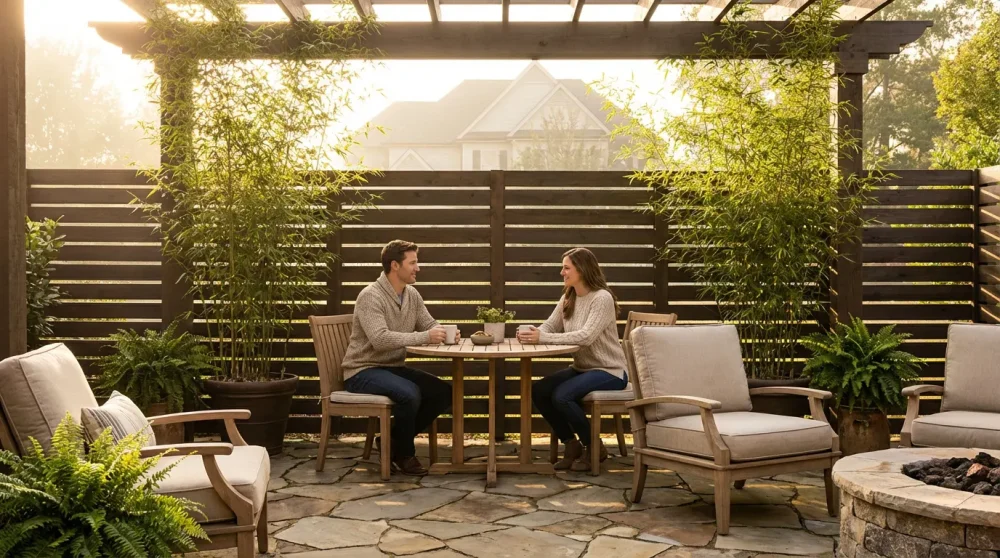 Privacy landscaping ideas showing a secluded patio screen in a multi family compound.