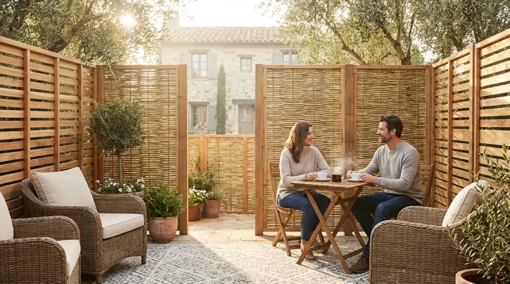 Privacy landscaping ideas showing a secluded patio screen in a multi family compound.